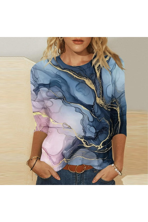 Plus Size 3/4 Sleeve Tops for Women Trendy Crew Neck Dressy Casual Shirts Summer Clothes for Women Comfy Tunic Fit Tees Blue M Womens Clothing Placed Recently By Me