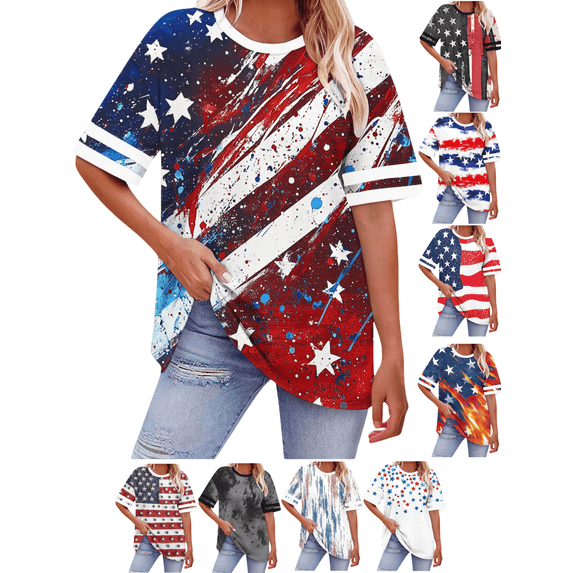 Xdegoge Plus Size 4Th Of July Tops for Women Crewneck Short Sleeve Patriotic Oversized Tee Printed Graphic Casual Loose Fit Summer Fashion Tops