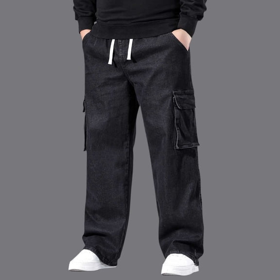 Xdegoge Plus Size Baggy Jeans for Men Drawstring Elastic Waist Straight Leg Pants Casual Loose Trendy Streewear with Pockets