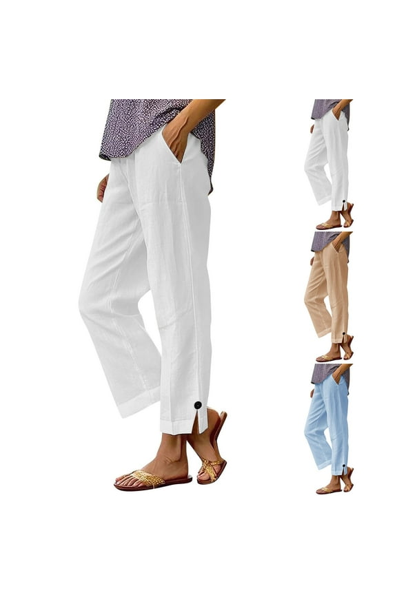 Plus Size Womens White Pants Ladies Pants Casual Dressy Plus Size Linen Pants Side Split High Waist Wide Leg Trousers Pants Stretchy Summer Pants with Pockets Pantalones Mujer
