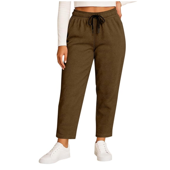 Xdegoge Plus Size Corduroy Pants for Women Elastic Waist Ankle Length Sweatpants Ribbed Knit Casual Drawstring Trousers with Pockets
