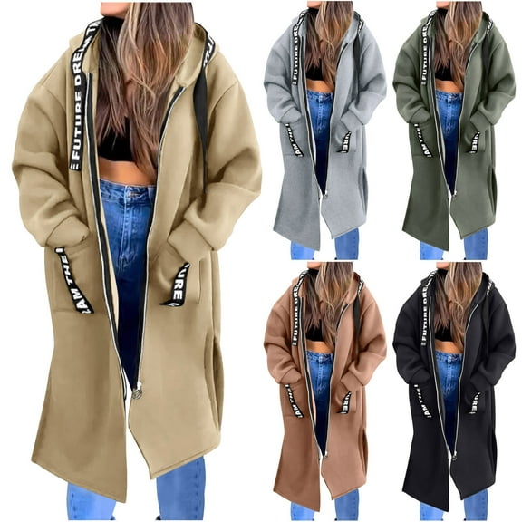 Xdegoge Plus Size Long Hoodies for Women Fleece Lined Zip Up Side Split Letter Print Jacket with Pocket Oversized Streetwear Casual Warm Coat 2025 Winter Trendy Y2K Jackets