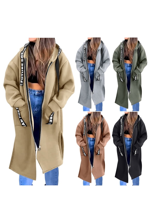 Plus Size Long Hoodies for Women Fleece Lined Zip Up Side Split Letter Print Jacket with Pocket Oversized Streetwear Casual Warm Coat 2025 Winter Trendy Y2K Jackets
