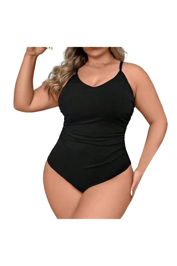 Plus Size One Piece Swimsuit for Women, Ribbed Texture with Tummy Control and Scoop Neck, Seamless Bathing Suit Swimming, Summer Swim Suit with Padding