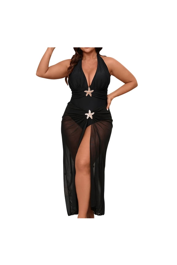 Plus Size One Piece Swimsuit for Women, Halter Neck Long Skirted Swim Dress With, Mesh Panel and Deep V Neck Beach