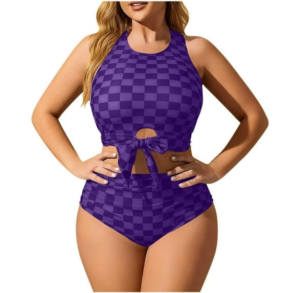 Xdegoge Plus Size One Piece Swimsuits for Women, Cut Out Waist with Bow Tie, Checkerboard Print, High Waisted, Bodycon Fit Beach & Pool