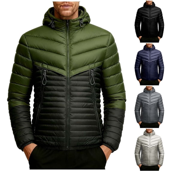 Xdegoge Plus Size Quilted Jacket for Men Fleece Lined Full Zip Stand Collar Padded Coat Casual Loose Solid Color Jackets Fall Winter Warm Pocketed Outerwear with Removeable Hood