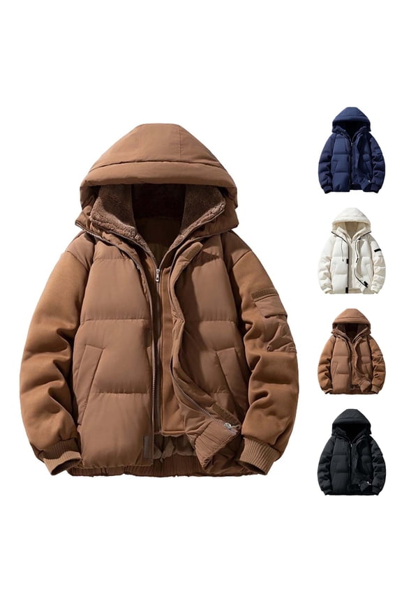 Plus Size Quilted Jackets for Men Fleece Lined Warm Padded Coats Full Zip Drawstring Hooded Coat Fall Winter Durable Windproof Workwear Jacket with Multi Pockets