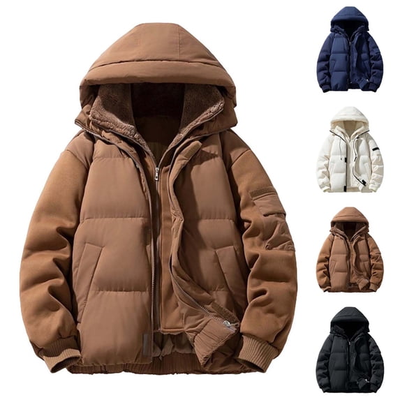 Xdegoge Plus Size Quilted Jackets for Men Fleece Lined Warm Padded Coats Full Zip Drawstring Hooded Coat Fall Winter Durable Windproof Workwear Jacket with Multi Pockets