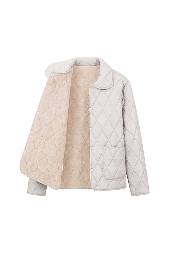 Plus Size Quilted Jackets for Women Fleece Lined Lightweight Button Down Padded Winter Coats Lapel Colar Fashion Jacket with Pockets Outerwear, S-5XL