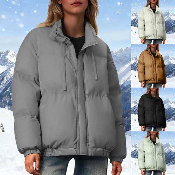 Xdegoge Plus Size Quilted Jackets for Women Full Zip Drawstring Stand Collar Jacket Casual Loose Warm Coat Fashion Fall Winter Cold Protection Outerwear with Pockets