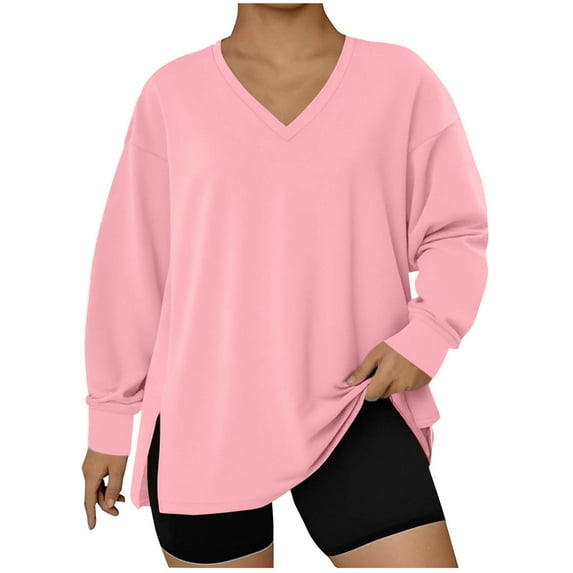 Xdegoge Plus Size Sweatshirts for Women V Neck Side Split Long Sleeve Pullover Tops Oversized Solid Color Athletic Basic Sweatshirt 2025 Fall Winter Comfy Clothes