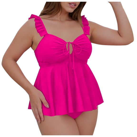 Xdegoge Plus Size Tankini Swimsuits for Women, Ruffle Strap Top with Front Tie, Peplum Hem, Modest Coverage, Flattering Fit Beach and Summer Wear