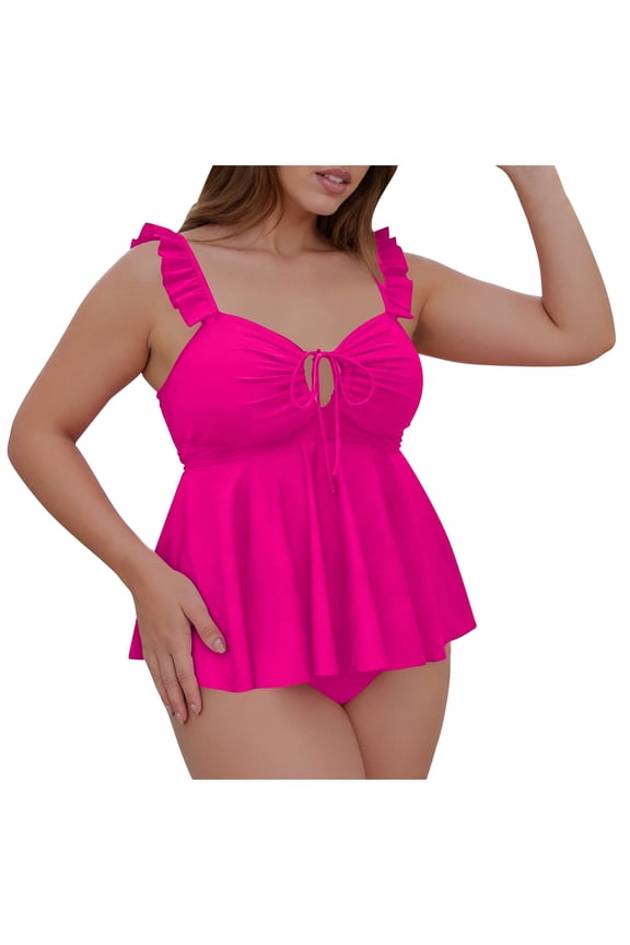 Plus Size Tankini Swimsuits for Women, Ruffle Strap Top with Front Tie, Peplum Hem, Modest Coverage, Flattering Fit Beach and Summer Wear