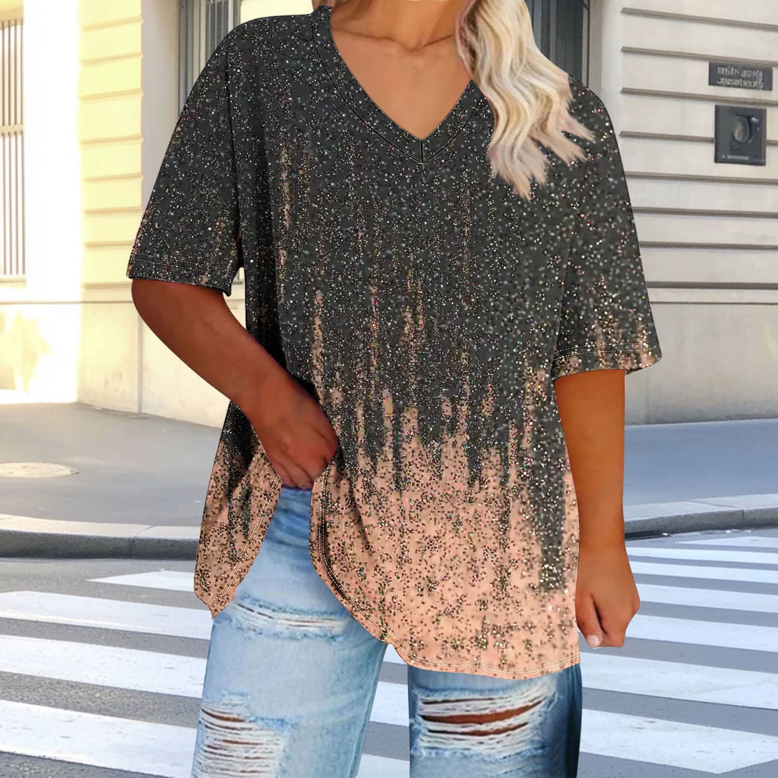 Women's Loose Fit V-Neck Tunic Top – Short Sleeve Oversized Tee, Soft Casual Blouse For Summer