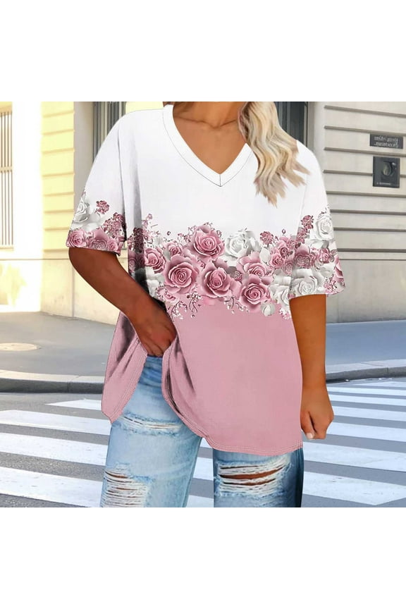 Plus Size Tops for Women Dressy Casual Short Sleeve Summer Shirts Oversized V Neck T Shirt Loose Fit Tunic Blouses Fashion Printed Graphic Tees