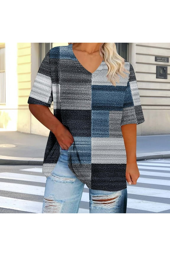 Plus Size Tops for Women Dressy Casual Short Sleeve Summer Shirts Oversized V Neck T Shirt Loose Fit Tunic Blouses Fashion Printed Graphic Tees Ropa Mujer
