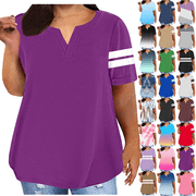 Plus Size Womens Summer Casual Tops Split V Neck Short Sleeve Shirts Striped Sleeve Detail Loose Fit Breathable Lightweight Fabric Everyday Wear Basic T Shirts And Blouses