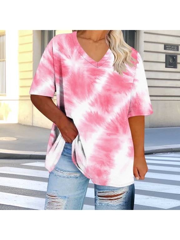 Plus Size Womens T Shirts 3XL Oversized Loose Fit Shirts Short Sleeve V Neck Tunic T-Shirt Tie-Dye Casual Summer Vacation Blouses Plus Size Tshirts for Women