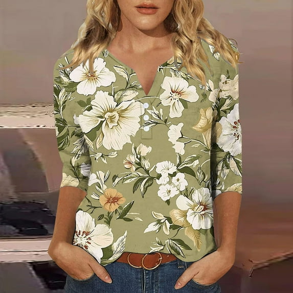 Xdegoge Previous Orders History Ladies Tops 3/4 Sleeve Trendy V Neck T Shirts Summer Floral Tunic Ladies Tops Loose Fit Dressy Casual Blouses Fashion Vacation Tee Shirts Ropa Mujer