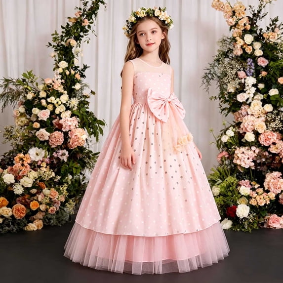 Xdegoge Princess Dress for Girls Polka Dot Mesh Sleeveless Large Bow Tulle Layered Floor Length Ball Gown Kids Pageant Birthday Party Holiday Formal Gala Evening Wear Size 9 Years