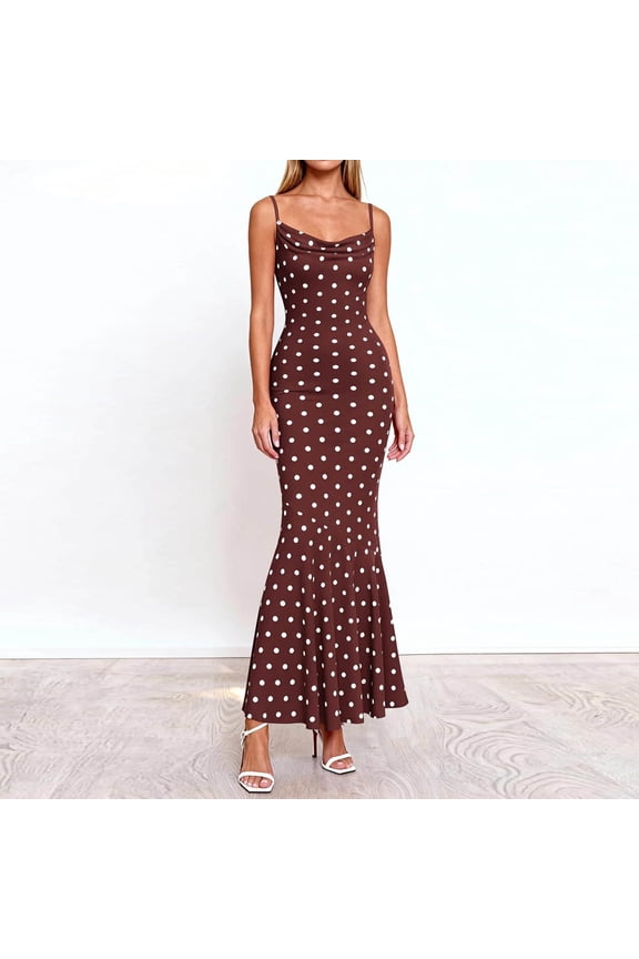Prom Dresses for Women Slim Fit Spaghetti Strap Cowl Neck Maxi Dress Polka Dot Mermaid Ruffle Hem Evening Dresses Formal Wedding Guest Party
