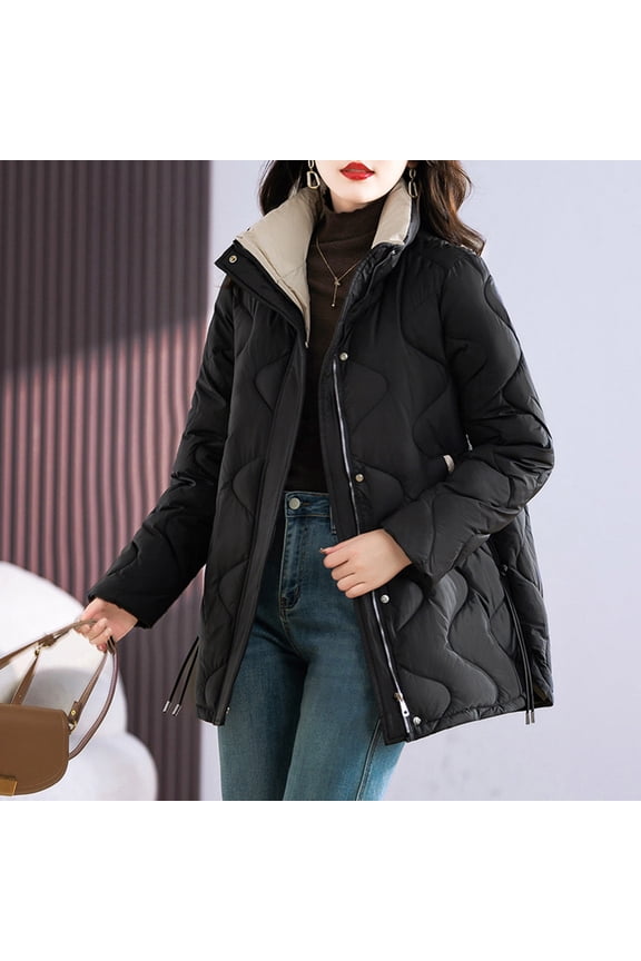 Puffer Jacket Womens Lightweight Hooded Zip Up Warm Quilted Coats Thermal Padded Down Jacket Thick Drawstring Winter Coat for Cold Weather with Button Pockets Outerwear