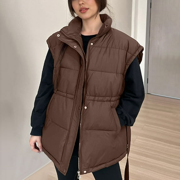 Xdegoge Puffer Vest Women Stand Collar Winter Zip Up Sleeveless Quilted Padded Jackets with Belt Trendy Dressy Oversized Pocket Warm Vests 2025 Casual Outdoor Outfits