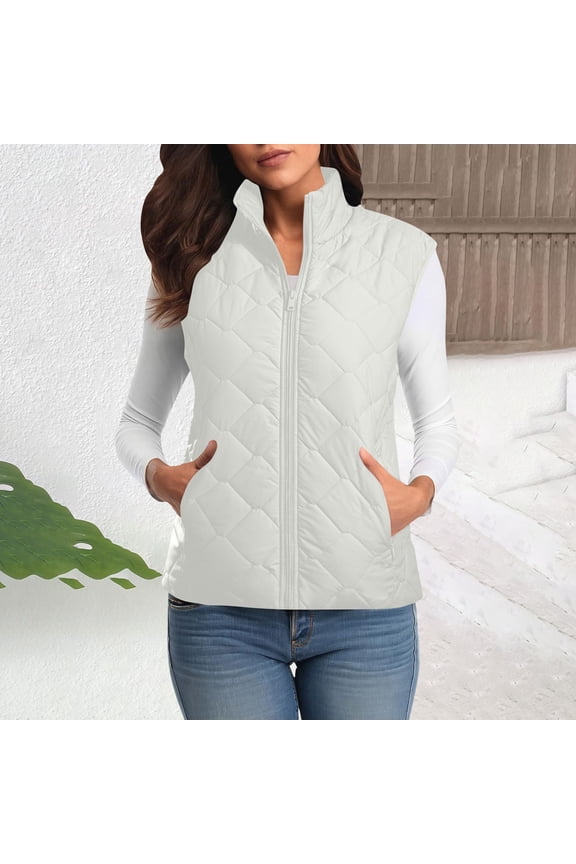 Puffer Vest for Women Trendy Loose Fit Lightweight Outwear Vest with Pockets Stand Collar Quilted Zip up Puffer Vest Lightweight Zip Quilted Vest Padded Gilet Chamarras Para Mujer White L
