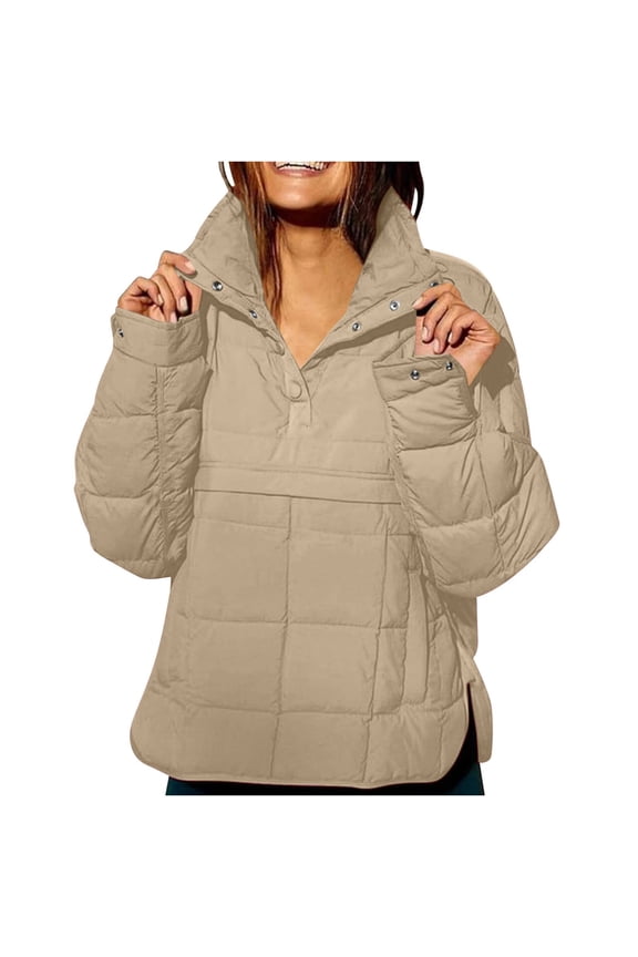 Pullover Quilted Jackets for Women Lightweight Quarter Button Padded Down Coats Side Split Oversized Warm Winter Coat with Pockets