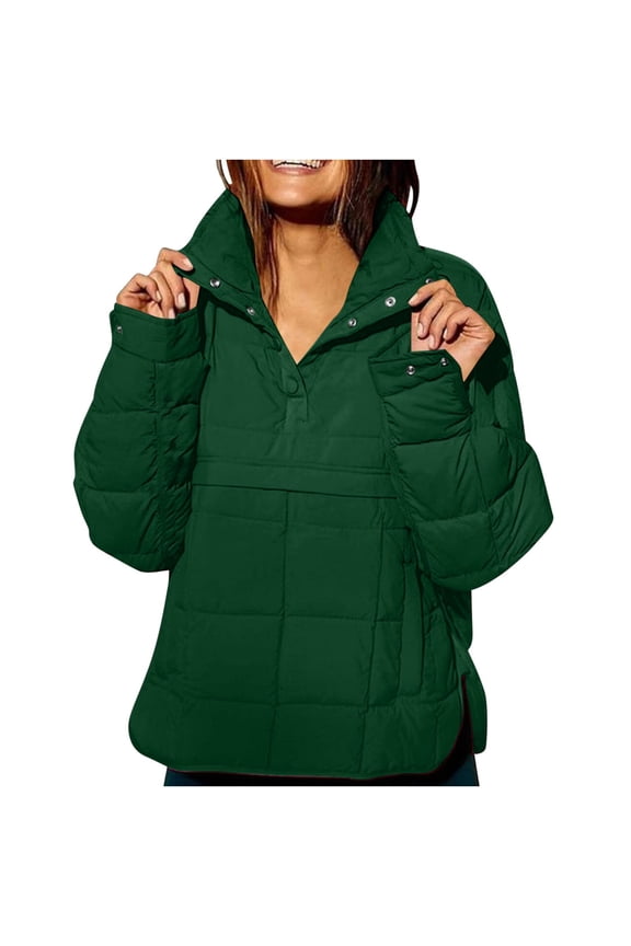 Pullover Quilted Jackets for Women Lightweight Quarter Button Padded Down Coats Side Split Oversized Warm Winter Coat with Pockets