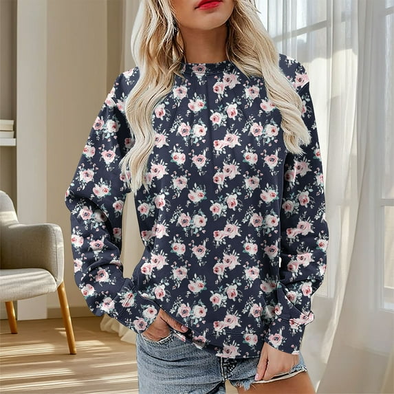 Xdegoge Pullover Sweaters for Women Cute Floral Graphic Sweatshirt Fall Fashion Outfits 2025 Trendy Tunic Tops Plus Size Ropa Mujer Navy S