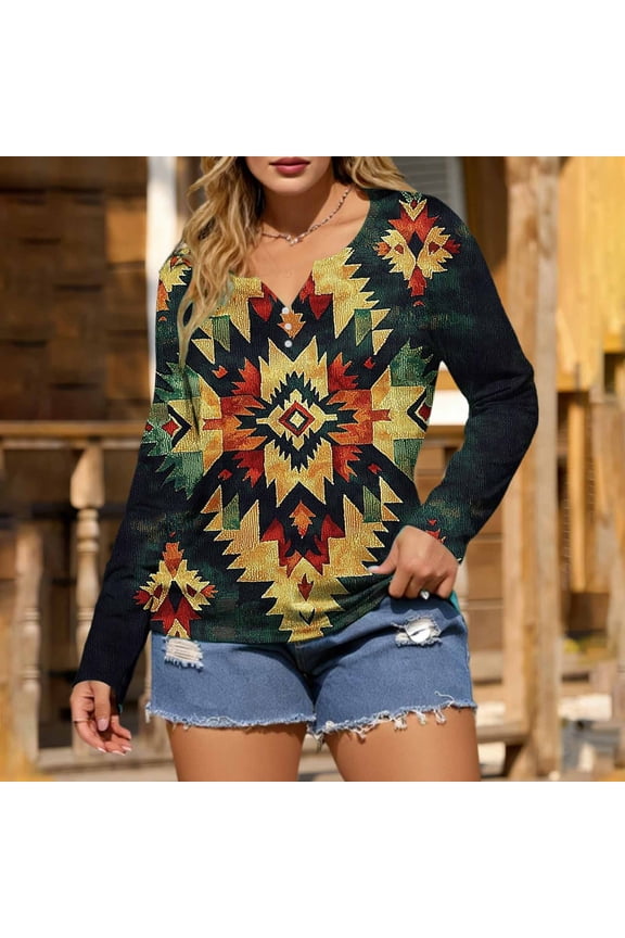 Pullover for Women Henley V Neck Long Sleeve Southwestern Aztec Geometric Print Casual Soft Lightweight Relaxed Fit Everyday Wear Fashion Spring Tops