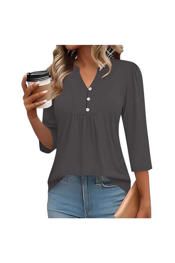 Pullover for Women Split V Neck Three Quarter Sleeve Casual Button Decor Pleated Front Loose Fit Solid Color Work Office Formal Professional Flowy Chiffon Feel Tops