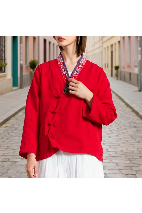 Pullover for Women V Neck Long Sleeve Retro Tang Suit Jacket Floral Embroidery Traditional Chinese Style Blouse Elegant Cultural Casual Loose Fit Soft Texture Tops