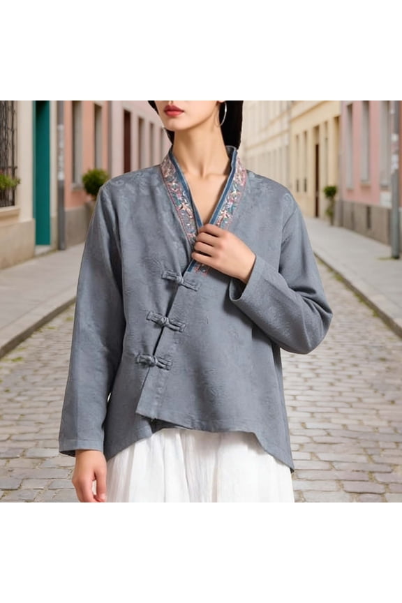 Pullover for Women V Neck Long Sleeve Retro Tang Suit Jacket Floral Embroidery Traditional Chinese Style Blouse Elegant Cultural Casual Loose Fit Soft Texture Tops