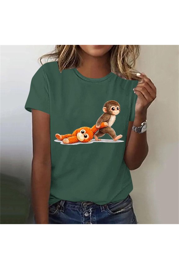 Punch Shirt Cartoon Monkey Print Tops for Women Cute Relaxed Fit Crew Neck Short Sleeve Trendy T-Shirts Short Sleeve Novelty Tees Funny Animal Graphic Summer Vacation Casual outfits