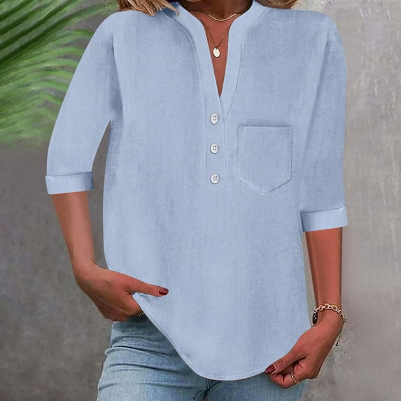 Xdegoge My Purchase History Henley Shirts for Women Cotton Button Up Shirt Summer Trendy 3/4 Sleeve V Neck Blouses Lightweight Breathable Tunic Tops Beach Vacation Clothes Cancel My Order