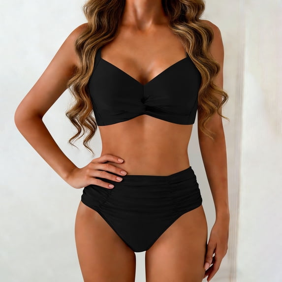 Xdegoge Push Up Bikini Sets for Women Two Piece V Neck Twist Front Underwire High Waisted Ruched Tummy Control Bathing Suits Summer Vacation Beachwear