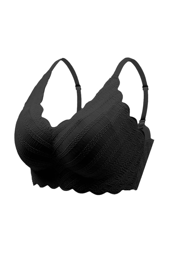 Push Up Bras for Women Lace Trim V Neck Bra with Adjustable Straps, Textured Ruffled Fabric & Scalloped Edge Brassiere Wireless Support Breathable Underwear
