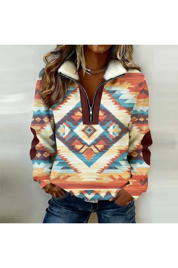 Quarter Zip Pullover Sweaters for Women Long Sleeve Casual Western Boho Style Loose Fit Aztec Geometric Print Warm Fuzzy Fleece Fall Winter Tops