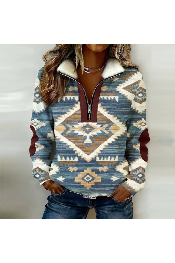 Quarter Zip Pullover Sweaters for Women Long Sleeve Casual Western Boho Style Loose Fit Aztec Geometric Print Warm Fuzzy Fleece Fall Winter Tops