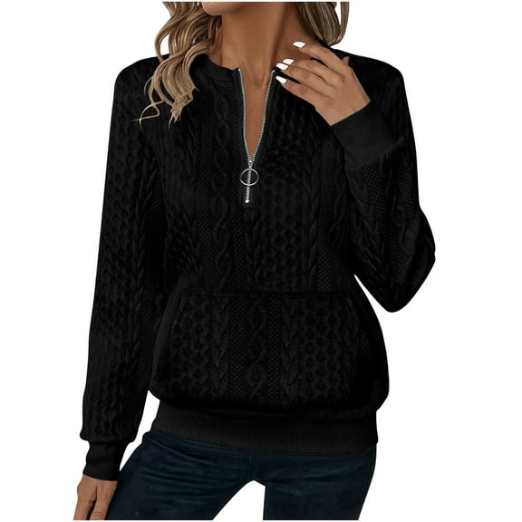 Xdegoge Quarter Zip Pullover Sweatshirts for Women Crewneck Long Sleeve Jacquard Trendy Tops Dressy Casual Fashion Sweat Shirts with Pocket