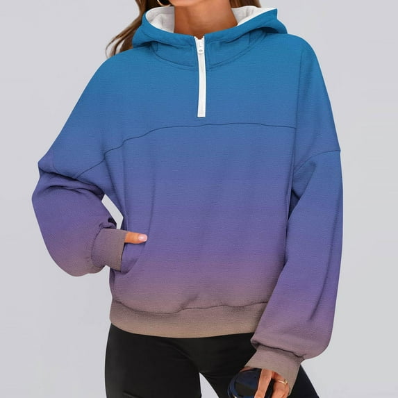 Xdegoge Quarter Zip Pullover Women Hoodies Long Sleeve Gradient Color Trendy Sweatshirts with Pocket Drop Shoulder Oversized Casual Tops 2025 Winter Clothes