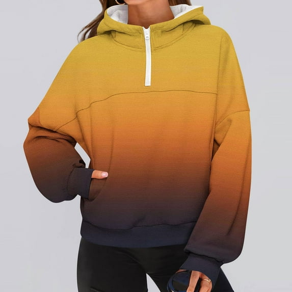 Xdegoge Quarter Zip Pullover Women Hoodies Long Sleeve Gradient Color Trendy Sweatshirts with Pocket Drop Shoulder Oversized Casual Tops 2025 Winter Clothes