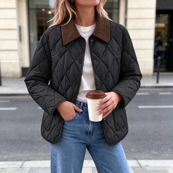 Xdegoge Quilted Barn Jacket for Women Lightweight Corduroy Collar Button Front Puffer Jacket Fall Winter Casual Outerwear with Pockets Black XL