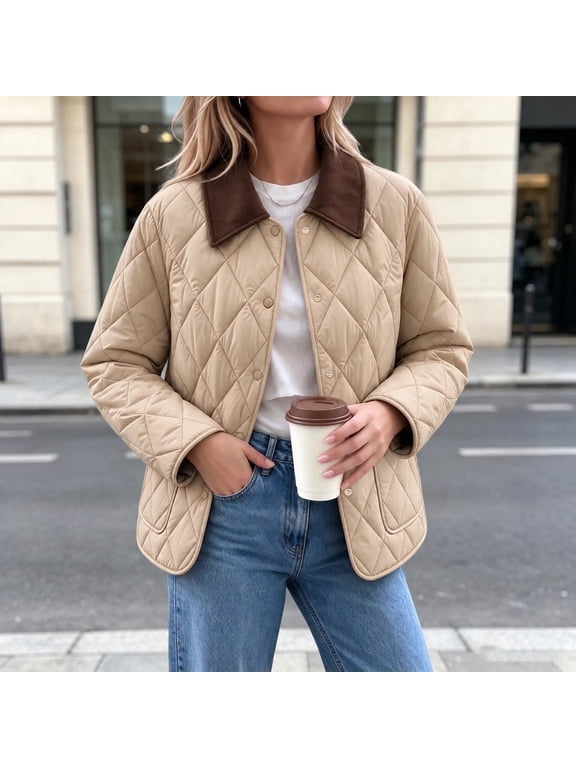 Quilted Barn Jacket for Women Lightweight Corduroy Collar Button Front Puffer Jacket Fall Winter Casual Outerwear with Pockets Khaki S