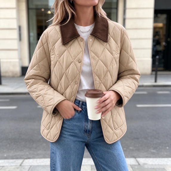 Xdegoge Quilted Barn Jacket for Women Lightweight Corduroy Collar Button Front Puffer Jacket Fall Winter Casual Outerwear with Pockets Khaki S