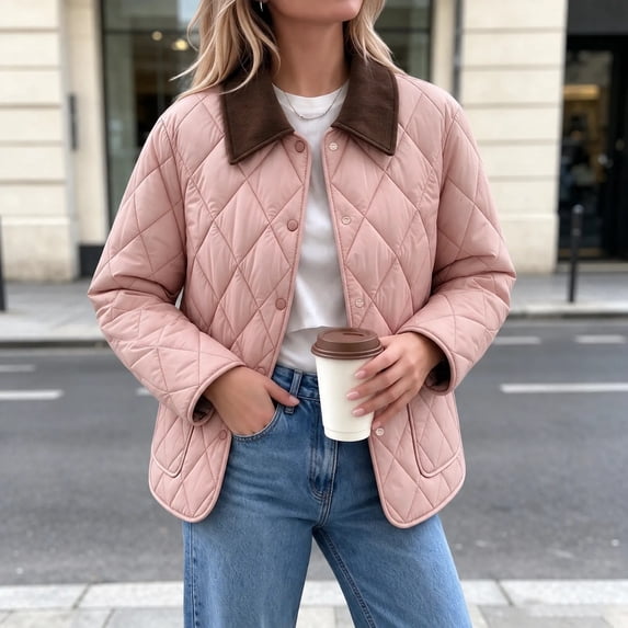 Xdegoge Quilted Barn Jacket for Women Lightweight Corduroy Collar Button Front Puffer Jacket Fall Winter Casual Outerwear with Pockets Pink M