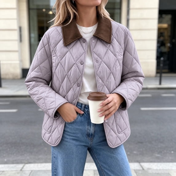 Xdegoge Quilted Barn Jacket for Women Lightweight Corduroy Collar Button Front Puffer Jacket Fall Winter Casual Outerwear with Pockets Purple L